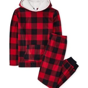 Adult unisex Buffalo plaid fleece hoodie pajama set